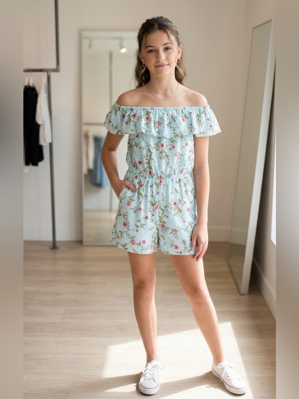 Knitworks Light Blue Floral Off-Shoulder Top